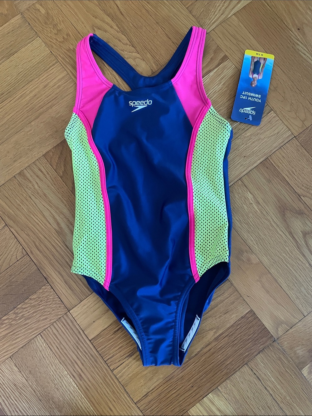 Speedo Navy One-Piece Swimsuit Pink and Lime Panels Youth Size Small 7/8 NEW